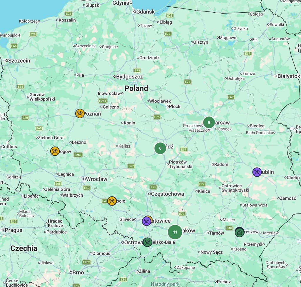Mapa z ostatnio dodanymi wegańskimi miejscami
